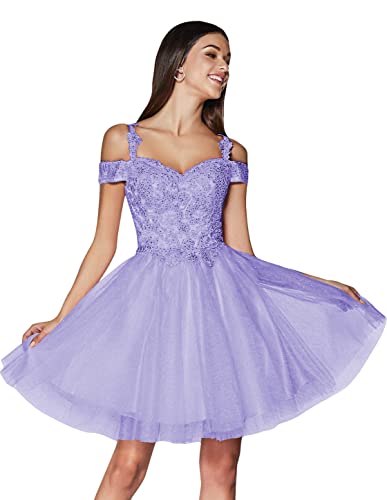 TIRAS Lace Appliques Short Homecoming Dresses 2024 Cold Shoulder Glitter Tulle Cocktail Gowns