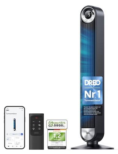 Dreo Smart Leiser Turmventilator mit Kühlung, 106cm WiFi Alexa Tower Fan, 90° oszillierender Ventilator, Fernbedienung 9-Geschwindigkeit 4 Modi 12...