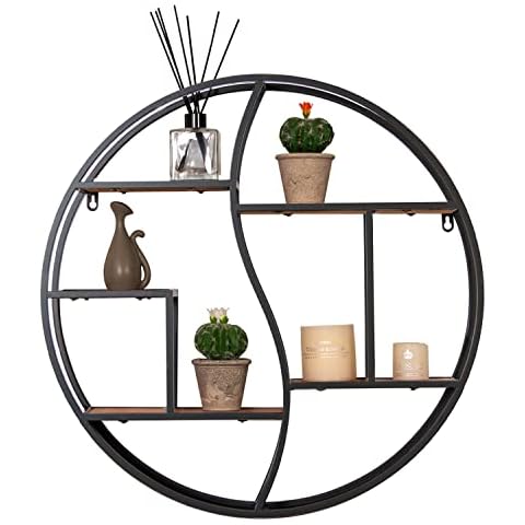 GLCS GLAUCUS Round Wall Shelf,Circle Shelf Wall Decor,24 inch Metal & Wood Circular Floating Shelves for Wall,Black Wall Mounted Display Organizer Shelf for Fireplace,Living Room,Bathroom Cover