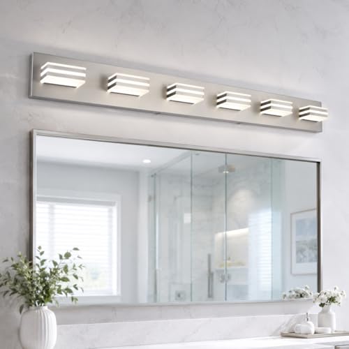 Image of 6-Light Brushed Nickel Vanity Light for Double Sink Bathroom, 41 Inch 48W 5CCT Dimmable LED Over Mirror Wall Fixture, Hardwired Light with Clear Acrylic Shade