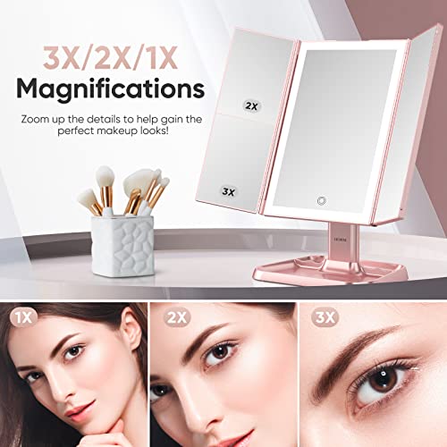Portable Trifold Makeup Mirror with Lights - 3 Color Modes, 72 LED, Touch Control - for High Definition Cosmetic Application