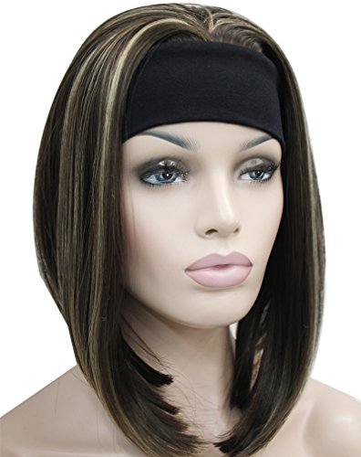Kalyss Short Bob Straight Half Wigs for Women Premium Synthetic Brown with Highlights Strips Natural Looking Hair Replacement Wigs with Black Headband