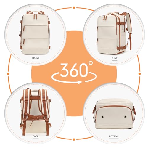 Kono Travel Backpack with USB Charging Port & Shoe Compartment, Carry On Flight Approved Daypack with 11 Pocket for Women & Men(Beige/Brown)