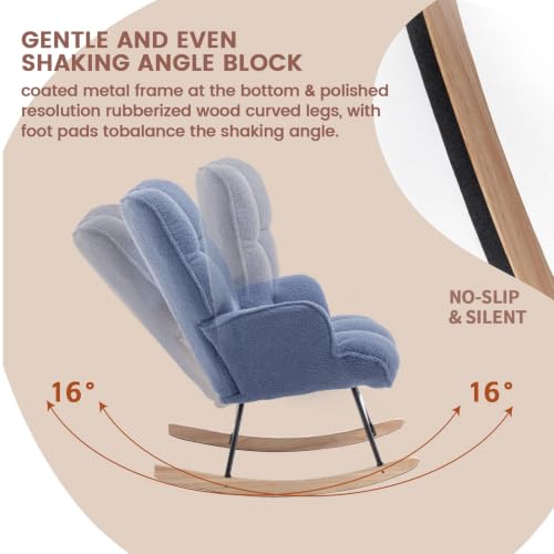 Image of SAETSFEG Rocking Chair Nursery Teddy Upholstered Glider Rocker Rocking Accent Chair Padded Seat with High Backrest Armchair Comfy Side Chair for Living Room Bedroom Offices (Darkblue Teddy)