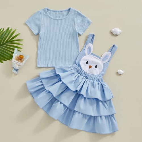 Image of Toddler Baby Girl Summer Clothes Kids Short Sleeve Solid T-Shirt Ruffle Daisy Skirts Overalls Dress Outfit 18M-6T