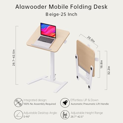 Image of alawooder 25 inch Mobile Folding Desk: Pneumatic Sit-Stand, No Assembly | 29-42 inch Height Adjustable Rolling Laptop Desk, Hidden Wheels, 0-90 Tilt Top. Ideal for Home Office, Craft & Study.