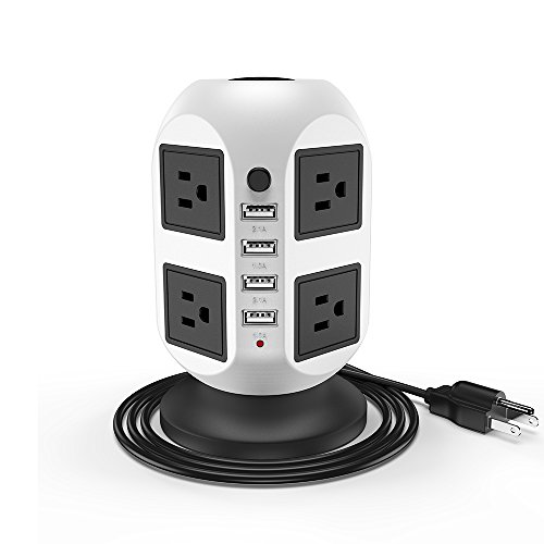 Power Strip with Usb,Wellsenn 8 Outlets 4 USB Ports Power Strip Tower Power Socket Surge Protector (2500W 110-250V) with 6.5 Feet Power Cord for Office, TV, Computer,Phone, Transformers, Power Bank