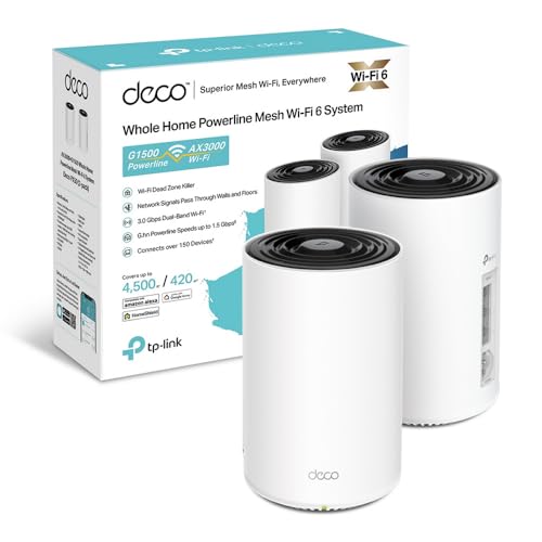 TP-Link Deco PX50(2-pack) WiFi 6 Router Mesh con Powerline, WiFi 6 AX3000Mbps, Powerline Passante G.hn 1500Mbps, 3 Porte Gigabit, Plug & Play, 2 Pezzi