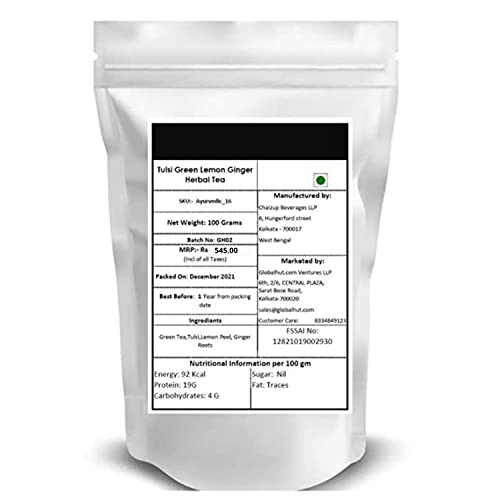 Image of Siyacha Tea Tulsi Lemon Ginger Green Tea, 100 Grams, with Natural Tulsi, Lemon Peel, Ginger Roots Blend, Natural Antioxident Rich, Immunity Booster Detox Beverage, Chai Makes 50 cups (approx)