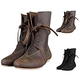 Generisch Mittelalter Schuhe Herren Damen,Renaissance Stiefel, Wikinger Ritter Stiefel,PU-Leder Retro Cowboystiefel für Cosplay,Steampunk Halloween,Unisex Kurzstiefel mit Flachem Boden
