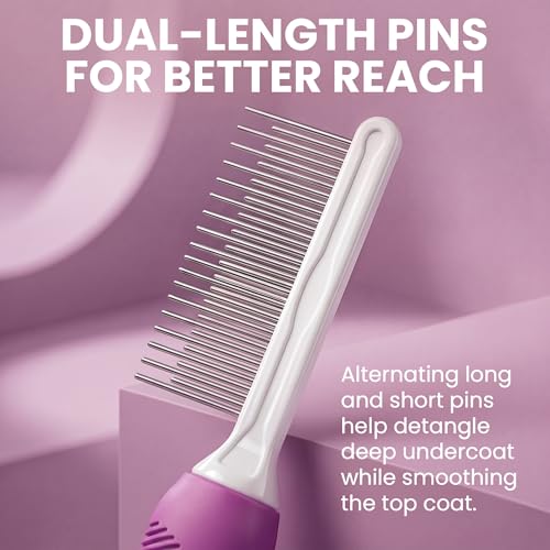 Poodle Pet Detangling Pet Comb with Long & Short Stainless Steel Teeth for Removing Matted Fur, Knots & Tangles – Detangler Tool Accessories for Safe & Gentle DIY Dog & Cat Grooming