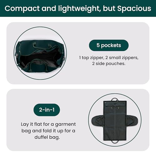 NOBL Travel Fold N Go Duffel Bag, 2-in-1 Convertible Garment Weekender Bag & Suit Carrier, Large Carry On Duffle Bag for Men & Women, Leather Overnight Bag with 2 Shoe Compartments - Forest Green2