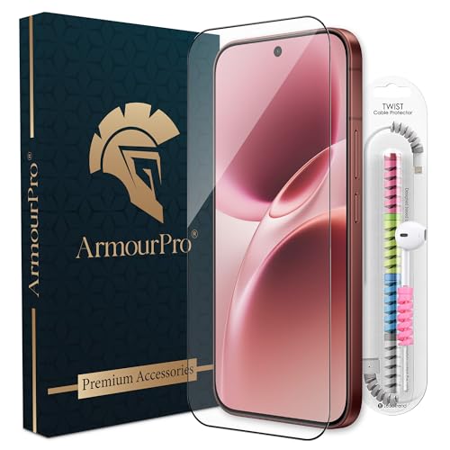 Image of ArmourPro Military-Grade Tempered Glass for Vivo V70 Elite - 9H Anti Scratch, Edge-to-Edge Coverage, HD Clarity, Smooth Touch, Case Friendly, Easy Installation Kit with Cable Protector