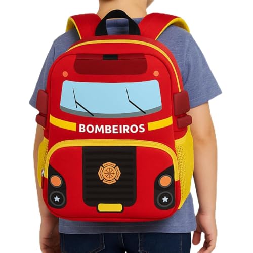 Mochila Infantil Bombeiro em Neoprene Estampa Caminhão Leve e Resistente com Bolso Frontal Zíper e Bolsos Laterais Alças Ajustáveis Para Escola Creche Passeio