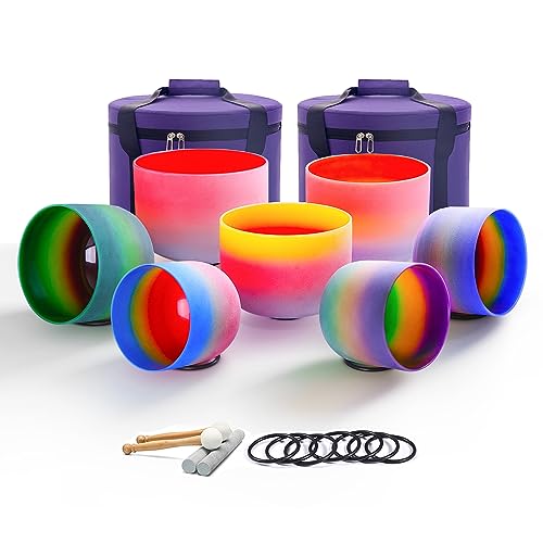 KVKA 6-12 Inch 432hz Rainbow Crystal Singing Bowls Set of 7pcs Quartz Frosted Singing Bowls For Sound Healing with 2 PCS Travel Carrying Case Bag