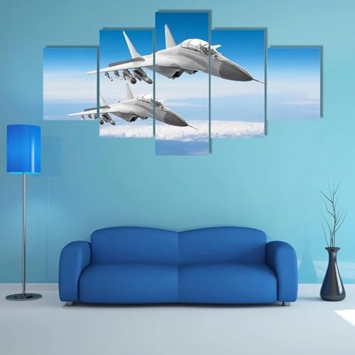 Décoration murale pour salon moderne grand tableau avions de chasse 5 pièces