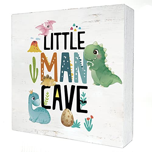 Image of Dinosaur Nursery Little Man Cave Wood Box Sign Baby Dinosaur Dino Wooden Box Sign Block Plaque for Wall Tabletop Desk Home Kids Room Decoration