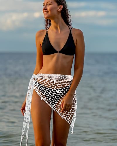 Image of Geyoga Women Crochet Cover Ups Skirt Triangle Shawl Mermaid Skirt Hollow out Swimwear Shell Beach Fishnet Summer Wrap