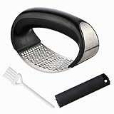 Garlic Press Rocker Stainless Steel, 3-in-1 Garlic Mincer+ Garlic Peeler Silicone+ Brush, Garlic Pounding Tool Mincer Masher Clove Mincing Crusher