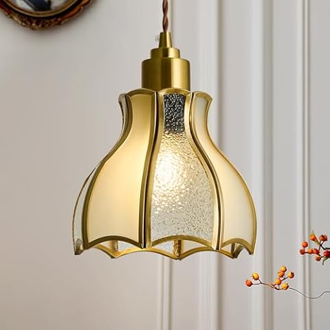 Qgiytp Vintage Pendant Light with Stained Glass Shade Antique Brass Adjustable Hanging Light Fixture Small Farmhouse Chandelier for Kitchen Island Bar Dining Room Bedroom Hallway Cover