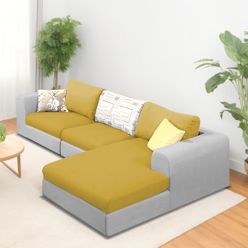 Image of Koza RHS 4 Seater L Shape Sofa Set for Living Room (Yellow Grey Fabric) Premium Fabric Sofa