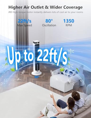 JRD 41\" Evaporative Cooler with 3 Speeds, 5 Modes, Remote, 80° Oscillation Swamp Cooler with 12H Timer, Bladeless Tower Fan Cooling Fan for Bedroom Office Home