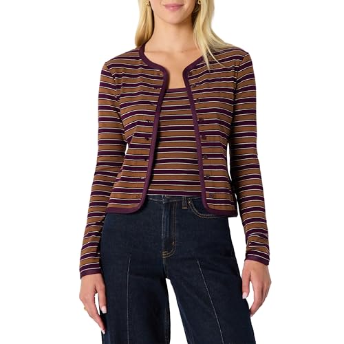Amazon Essentials Women's Slim-Fit Ribbed Cardigan & Cami Set with Removable Straps, Burgundy Brown Stripe, Small