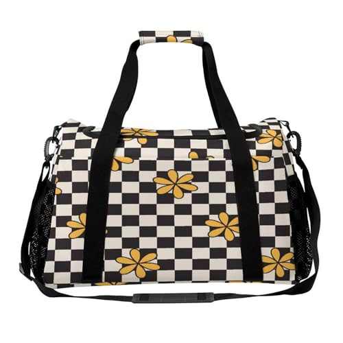 Daisy Floral Black White Checkered Personal Item Bag Travel Duffel Bag Sports Tote Gym Bag Luggage Duffle for Women Men