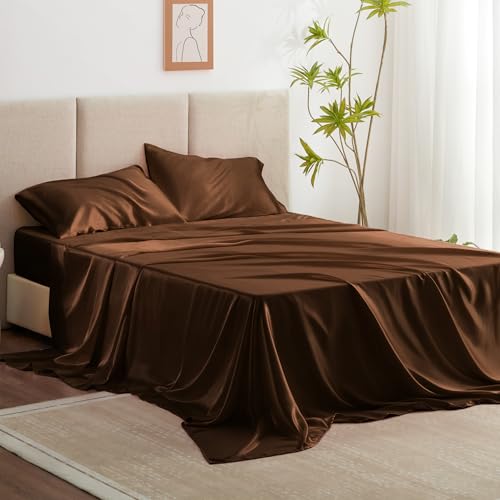 Love's cabin Satin King Sheet Sets - 4 Piece Brown Silky Sheets King Size Bed with Deep Pocket, Luxury Silk Feel King Size Satin Sheet Set (1 Flat Sheet,1 Fitted Sheet,2 Pillow Cases)