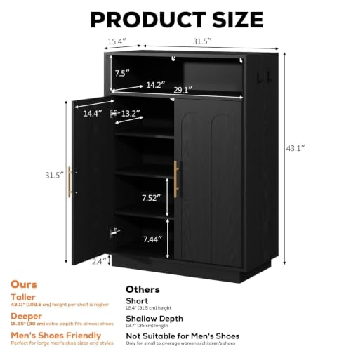 Image of Shoe Cabinet with Arched Doors, 43 inch Tall Large Hidden Shoe Storage Cabinet with Adjustable Shelves, 5-Tier Mid Century Modern Shoe Rack Organizer for Entryway Hallway Living Room,Black Set of 2