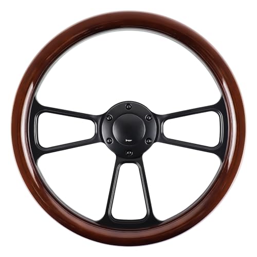 QYMOPAY Universal 14 Inch Wooden Racing Steering Wheel 6 Bolt Black Aluminum 3 Spoke Vintage with Horn Button for Racing/Rally/Motorsports Racing Steering Wheel