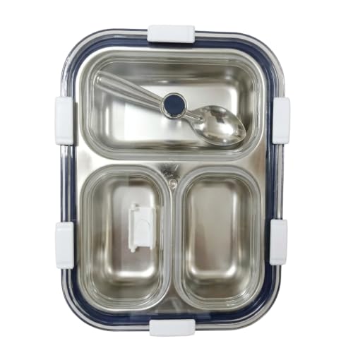 Image of Premium Stainless Steel Three Compartment Lunch Box (8.75 inch x 6.75 inch) - Durable Three Partition Leak Proof Tiffin Box for Food Grade Container with 6-Side Lock Unbreakable Lid (400g)