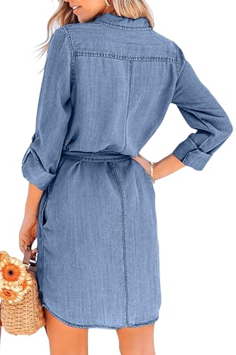 Image of utcoco Women's Casual Button Down Jean Shirt Dress Long Sleeve Tie Waist Lightweight Denim Shirt Dress