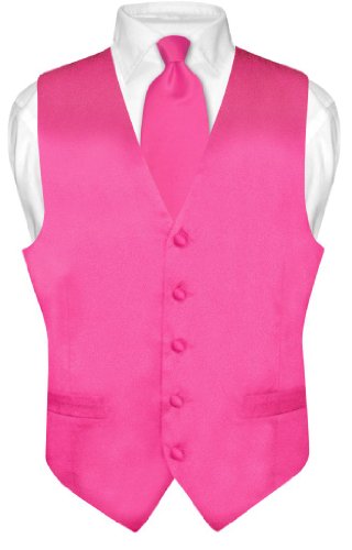 Men's SILK Dress Vest & NeckTie Solid HOT PINK FUCHSIA Color Neck Tie Set