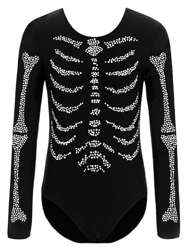 Alvivi Kinder Skelett Kostüm Mädchen Skelett Body Overall Jumpsuit Gruselig Knochen Tanzbody Halloween Karneval Fasching Weiß 110-116