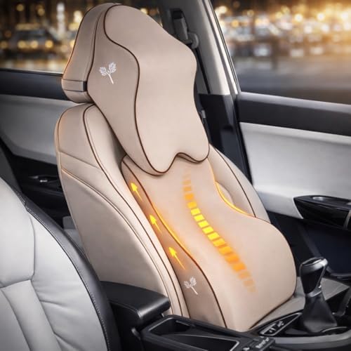 Image of Grin Health SitRight Pro Car Neck Rest Pillow & Lumbar Back Support Cushion Combo -Large Plus | Memory Foam Neck Support + Orthopedic Backrest for Driving Car Comfort Combo Pillow Cushion Set, Beige