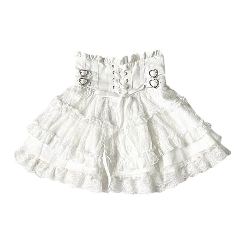 Cuteighteen Lolita Rüschenrock, kurz, für Damen, Teenager, japanisch, Y2K, Kawaii, elastisch, hohe Taille, Schnürung, gestuft, fließend, niedlich, Weiss/opulenter Garten, Einheitsgröße