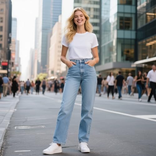 Classic Straight Leg Denim Jeans, High Waist, Medium Wash, Regular Fit3