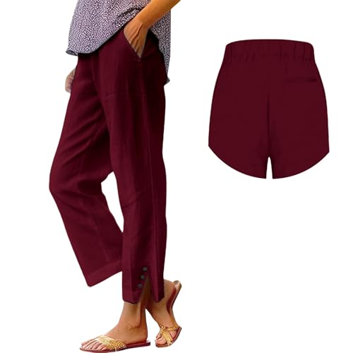 Women's Mid - Length Linen Trousers, Button - Trimmed Slit Hem, Breathable for Casual Looks