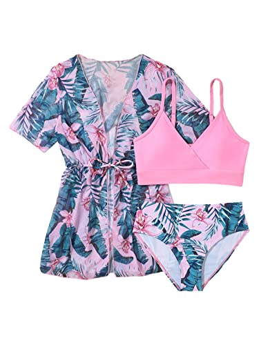 Image of WDIRARA Toddler Girl's Tropical Print Scoop Neck Cute Bikini 3 Piece Swimsuit with Kimono
