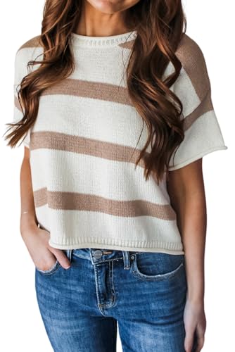OCSTRADE Women's Khaki Stripe Dropped Short Sleeve Lightweight Knitted Top Trendy 2024 Fall Winter Clothes