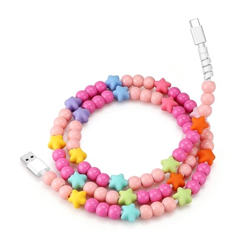 JAKPAK for iPhone Beaded Phone Charger Cord 66W Fast Charging USB to USB C Cable 3.3FT Cute Star Stylish Decoration Beaded Charging Cord for iPhone 17/17Pro/17Pro Max/16 for iPad Airpods Colorful