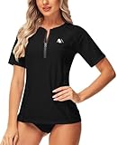Damen Kurzarm Badeshirt Sonnenschutz Rashguard Women UV Shirt Damen Neopren Shirt Schwimmen Top Schwarz