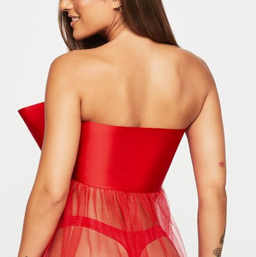 ROSVAJFY Satin Schleife Teddy Dessous Damen Sexy Reizwäsche Rot Großer Schleife Weinachten Body Unwrap Me Babydoll Valentinstag Weihnachten Unterwäsche Cosplay Nachtwäsche – Bild 2