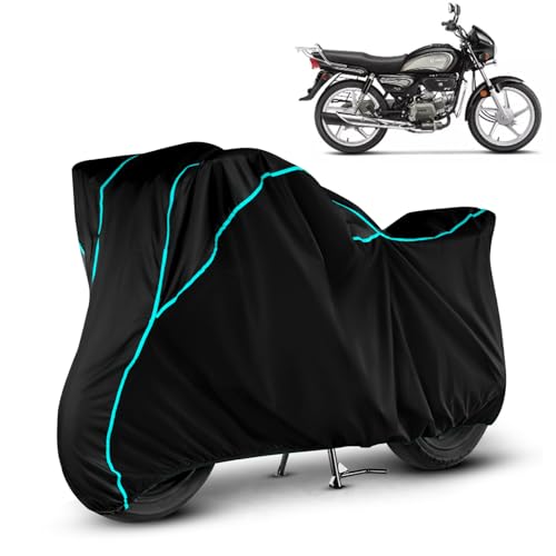 Image of Water Resistant Bike Cover Dustproof UV Protection Bike Body Cover for Hero Splendor Plus All-Weather Protection with Aqua Blue Piping - (Black)