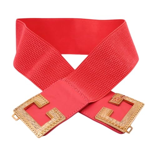 Women Fashion Coral Pink Faux Leather Elastic Waistband Belt Waist Hip Gold C Buckle S M z082