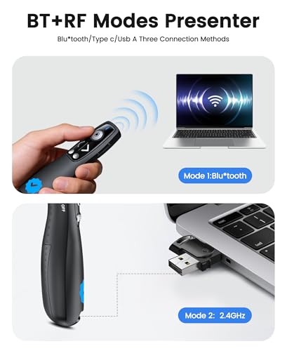 Image of Wireless Presenter Clicker with Bluetooth & USB+Type-C Receiver, Red Laser Pointer, Powerpoint Clicker with Volume Control for PowerPoint /Keynote /Google Slides, Compatible with Laptop /Mac /PC /Android
