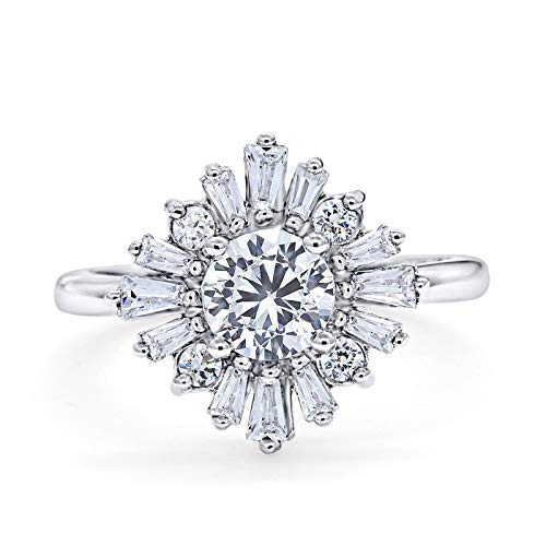 Blue Apple Co. Simulated Cubic Zirconia Size-10 Halo Floral Style Vintage Art Deco Wedding Engagement Ring Baguette Round CZ 925 Sterling Silver