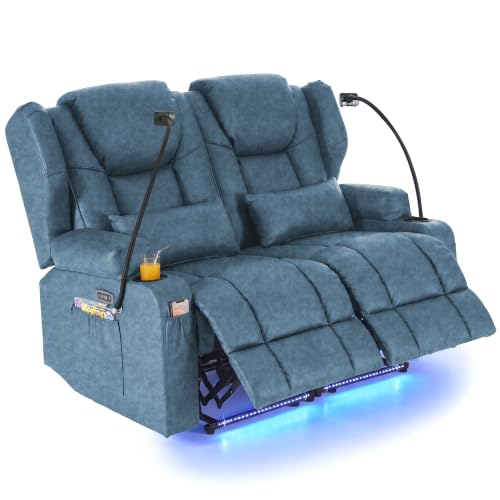 Image of Redlife Power Loveseat Recliner Sofa, Leathaire Farbic Dual Reclining Couch with Vibration ＆ Heating, Blue LED Base Lights, USB Ports, Cup & Phone Holders, Home Theater & RV Reclining (Navy Blue)
