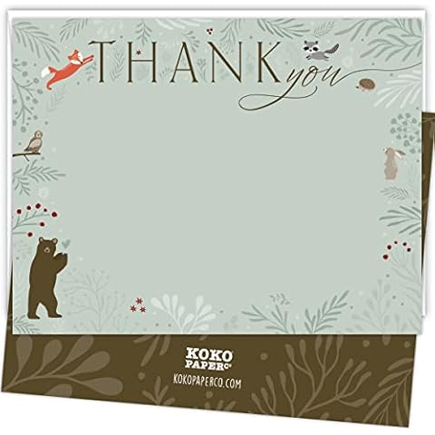 Koko Paper Co Enchanted Woodland Thank You Cards | 25 Flat Cards and 25 Bright White Envelopes | Heavy Card Stock Cover